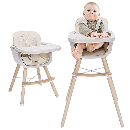 3-in-1 Convertible Wooden High Chair, High Chairs for Babies and Toddlers, Baby High Chair with Adjustable Legs & Dishwasher Safe Tray, Made of Sleek Hardwood & Premium Leatherette, Beige Color