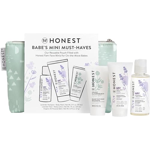 The Honest Company Babe's Mini Must Haves Gift Set | Travel Size Lavender Shampoo + Body Wash (2 fl oz), Face + Body Lotion (1 fl oz), Organic All Purpose Balm (.75 oz), Reusable Pouch