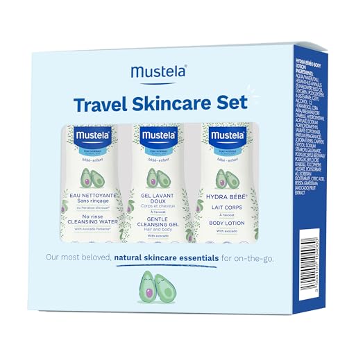 Mustela Travel Skinscare Set - Baby Skin Care & Bath Time Set - TSA-Approved - Natural & Plant-Based - Natural Avocado - 3 Items Set - Refillable & Reusable 1.69 Fl. Oz. Bottles