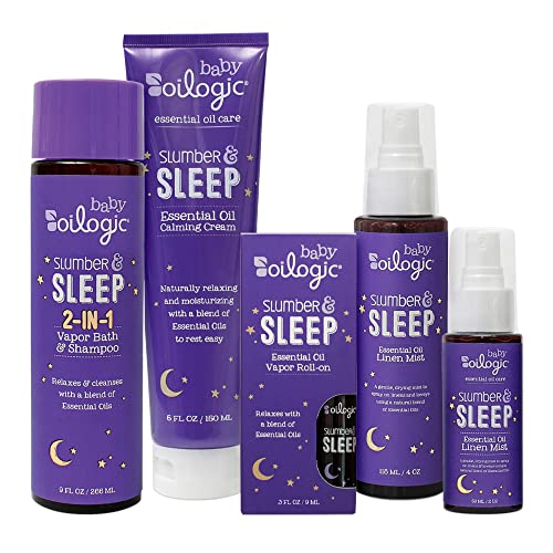 Oilogic Slumber & Sleep Baby Bath Essentials Gift Set, 5-Pack - Essential Oil Care Includes Roll-On, Calming Cream, Vapor Bath, and Two Linen Mist - Relaxing Lavender & Chamomile